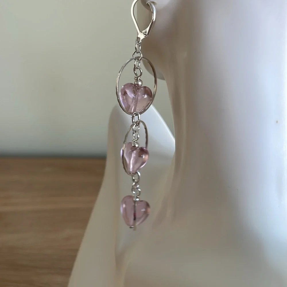 HAND CRAFTED EARRINGS Pink Hearts Silver Rings Drop Dangle Valentine’s Day